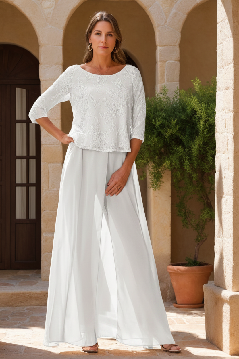 2 Pieces Scoop 3/4 Sleeves Floor-Length Mother of the Bride Pantsuits with Lace Appliques