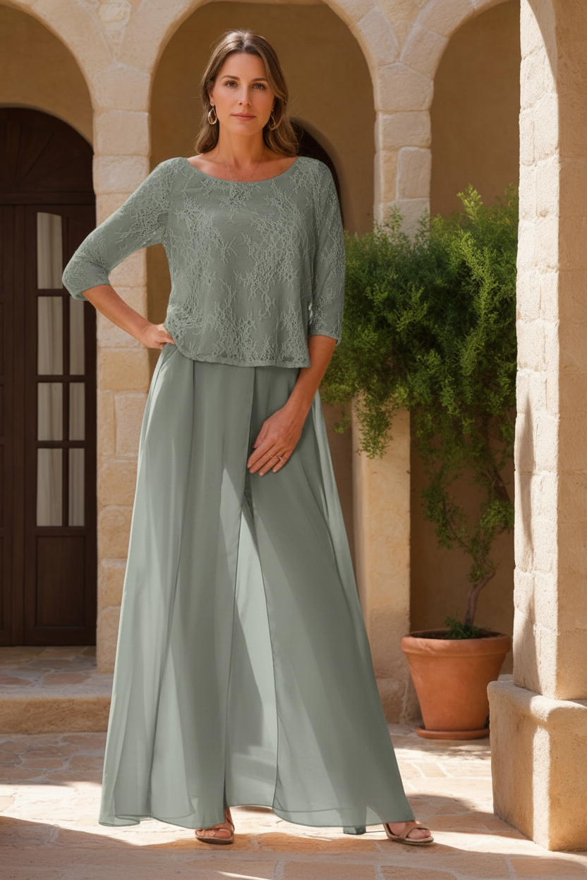 2 Pieces Scoop 3/4 Sleeves Floor-Length Mother of the Bride Pantsuits with Lace Appliques