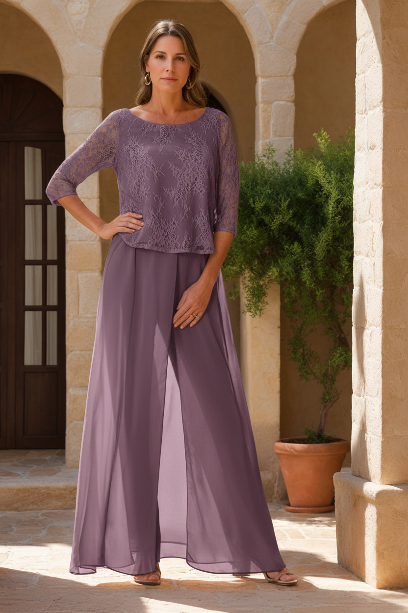 2 Pieces Scoop 3/4 Sleeves Floor-Length Mother of the Bride Pantsuits with Lace Appliques