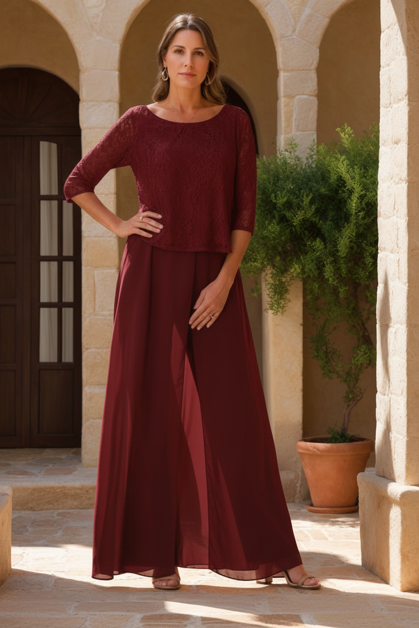 2 Pieces Scoop 3/4 Sleeves Floor-Length Mother of the Bride Pantsuits with Lace Appliques