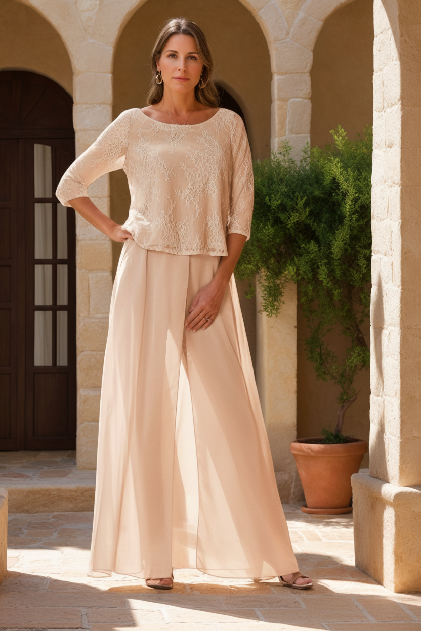 2 Pieces Scoop 3/4 Sleeves Floor-Length Mother of the Bride Pantsuits with Lace Appliques