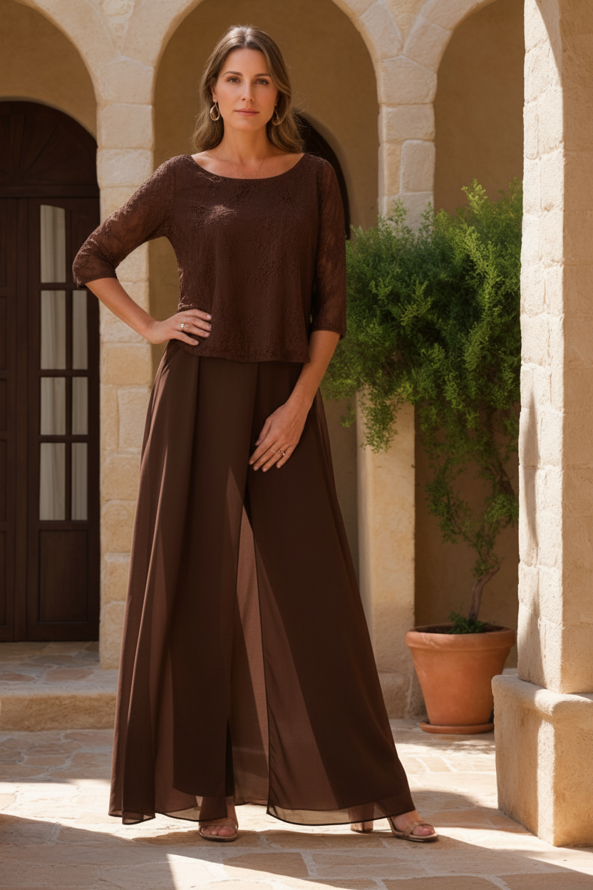 2 Pieces Scoop 3/4 Sleeves Floor-Length Mother of the Bride Pantsuits with Lace Appliques