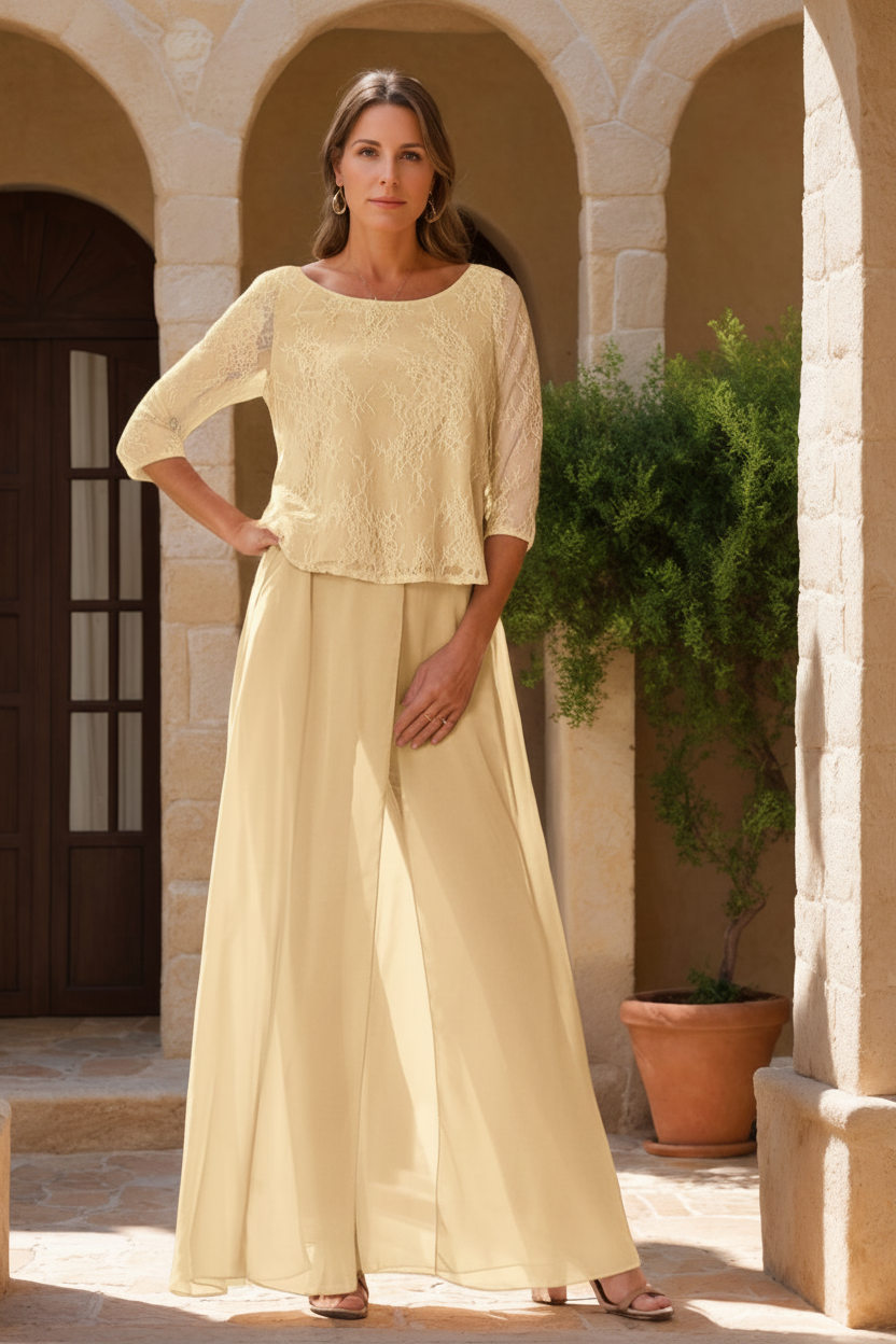 2 Pieces Scoop 3/4 Sleeves Floor-Length Mother of the Bride Pantsuits with Lace Appliques