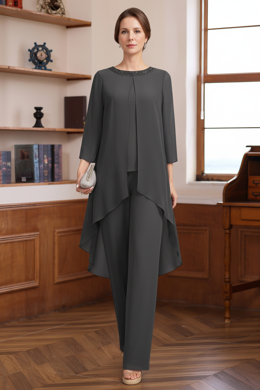 2 Pieces Scoop 3/4 Sleeves Floor-Length Mother of the Bride Pantsuits with Sequins & Beads