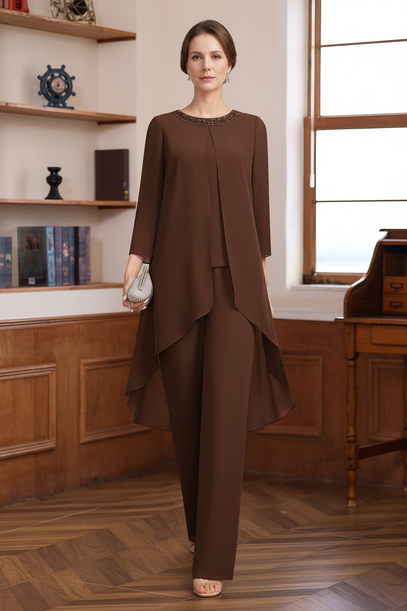 2 Pieces Scoop 3/4 Sleeves Floor-Length Mother of the Bride Pantsuits with Sequins & Beads
