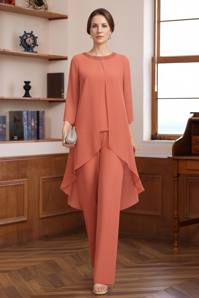 2 Pieces Scoop 3/4 Sleeves Floor-Length Mother of the Bride Pantsuits with Sequins & Beads