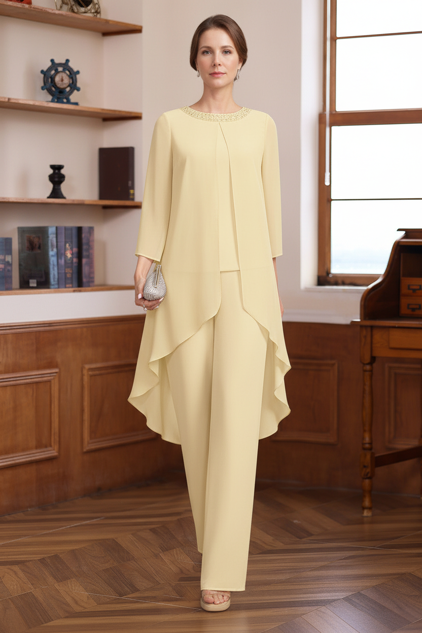 2 Pieces Scoop 3/4 Sleeves Floor-Length Mother of the Bride Pantsuits with Sequins & Beads