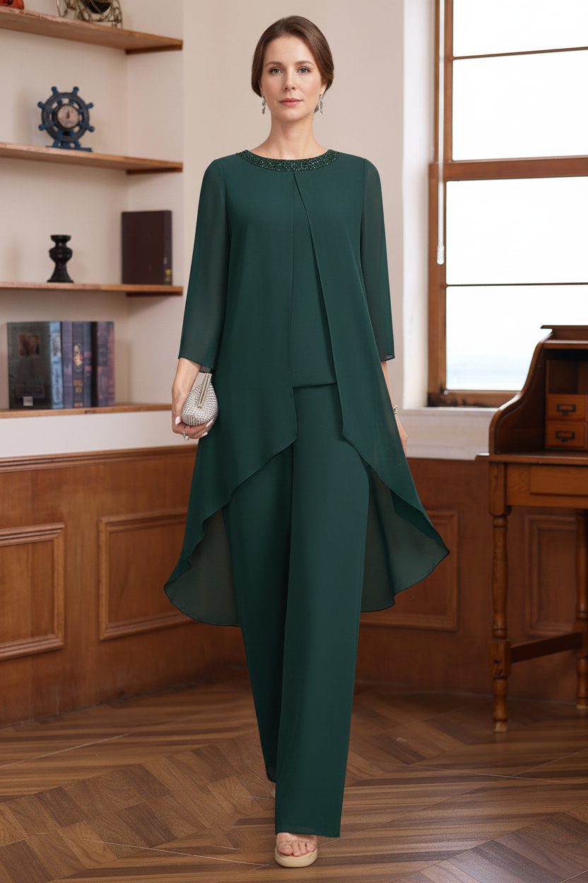 2 Pieces Scoop 3/4 Sleeves Floor-Length Mother of the Bride Pantsuits with Sequins & Beads