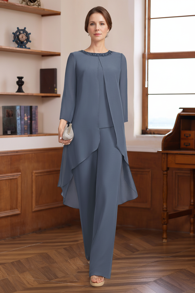 2 Pieces Scoop 3/4 Sleeves Floor-Length Mother of the Bride Pantsuits with Sequins & Beads