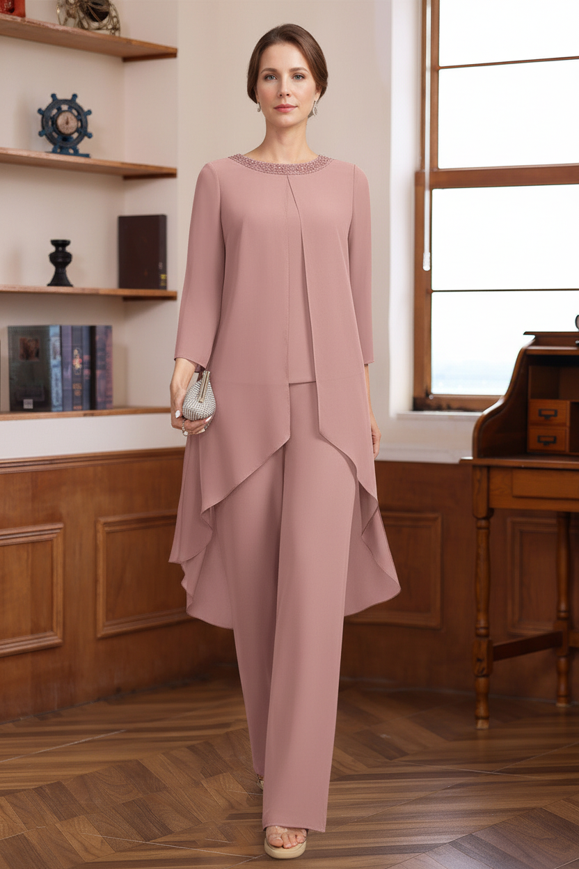 2 Pieces Scoop 3/4 Sleeves Floor-Length Mother of the Bride Pantsuits with Sequins & Beads