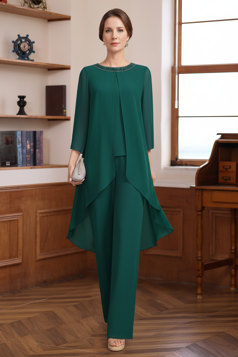 2 Pieces Scoop 3/4 Sleeves Floor-Length Mother of the Bride Pantsuits with Sequins & Beads