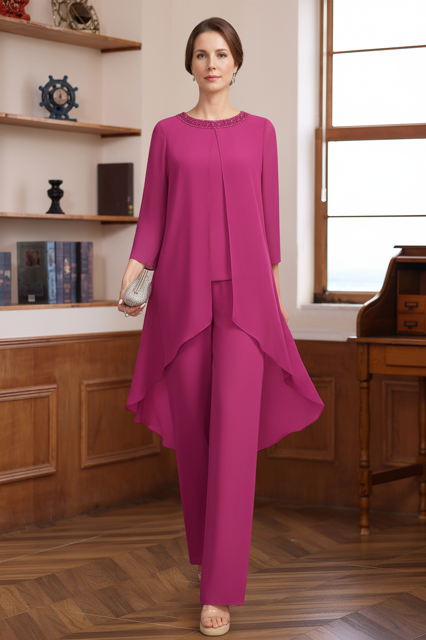 2 Pieces Scoop 3/4 Sleeves Floor-Length Mother of the Bride Pantsuits with Sequins & Beads
