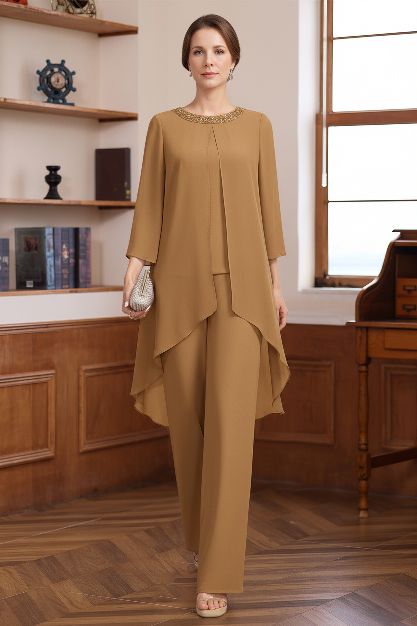 2 Pieces Scoop 3/4 Sleeves Floor-Length Mother of the Bride Pantsuits with Sequins & Beads