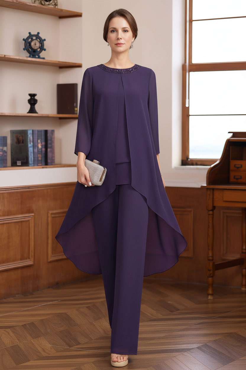 2 Pieces Scoop 3/4 Sleeves Floor-Length Mother of the Bride Pantsuits with Sequins & Beads