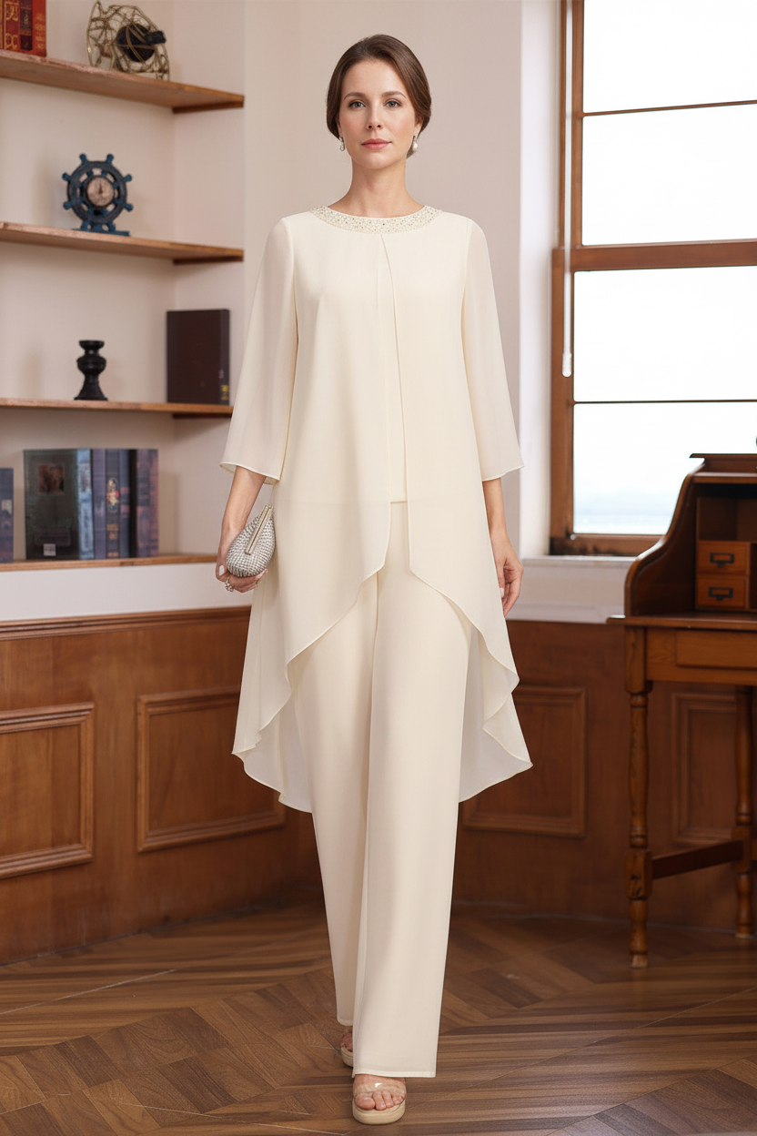 2 Pieces Scoop 3/4 Sleeves Floor-Length Mother of the Bride Pantsuits with Sequins & Beads