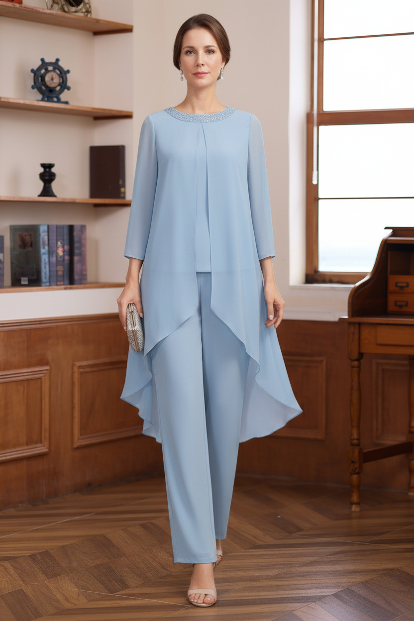 2 Pieces Scoop 3/4 Sleeves Floor-Length Mother of the Bride Pantsuits with Sequins & Beads