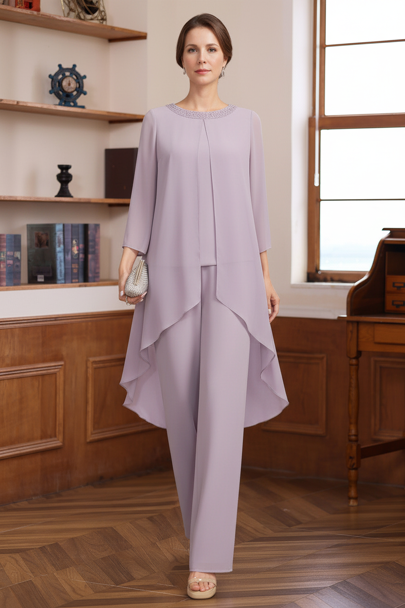 2 Pieces Scoop 3/4 Sleeves Floor-Length Mother of the Bride Pantsuits with Sequins & Beads
