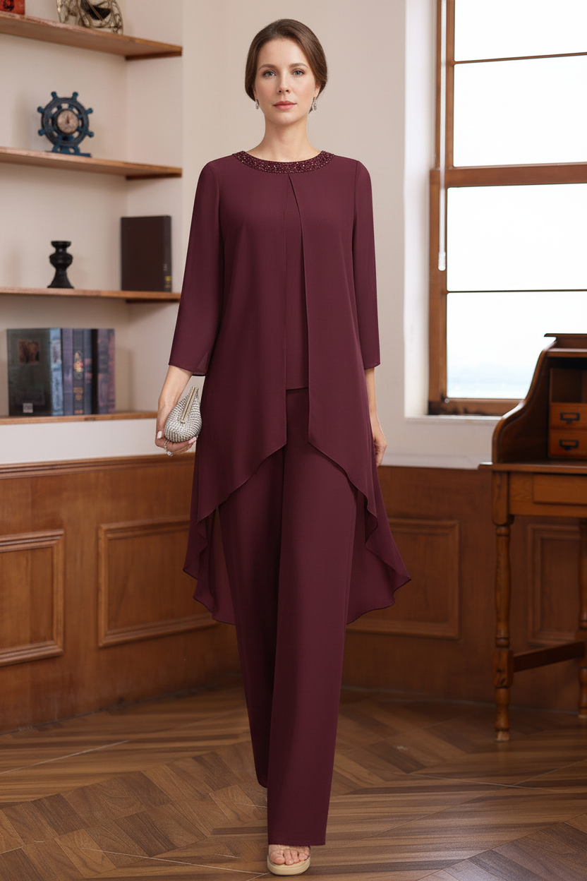 2 Pieces Scoop 3/4 Sleeves Floor-Length Mother of the Bride Pantsuits with Sequins & Beads