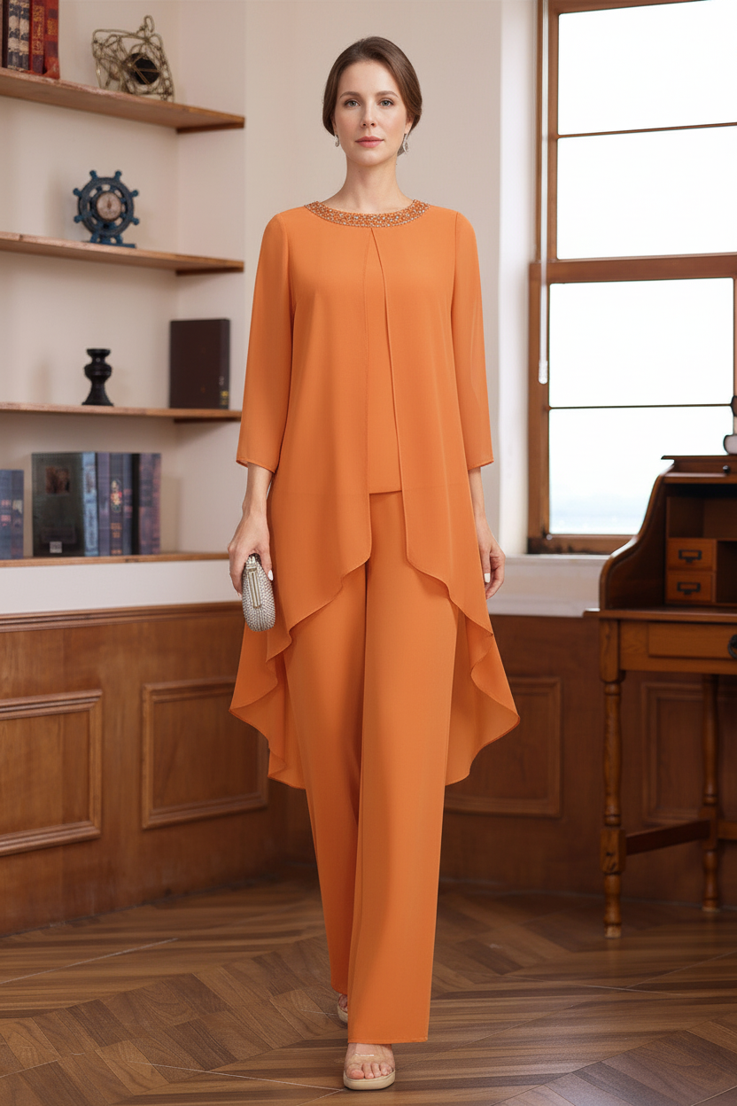 2 Pieces Scoop 3/4 Sleeves Floor-Length Mother of the Bride Pantsuits with Sequins & Beads