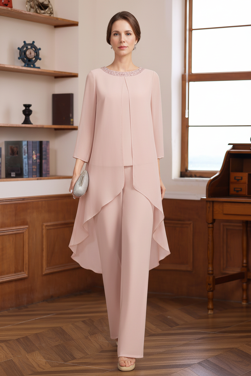 2 Pieces Scoop 3/4 Sleeves Floor-Length Mother of the Bride Pantsuits with Sequins & Beads