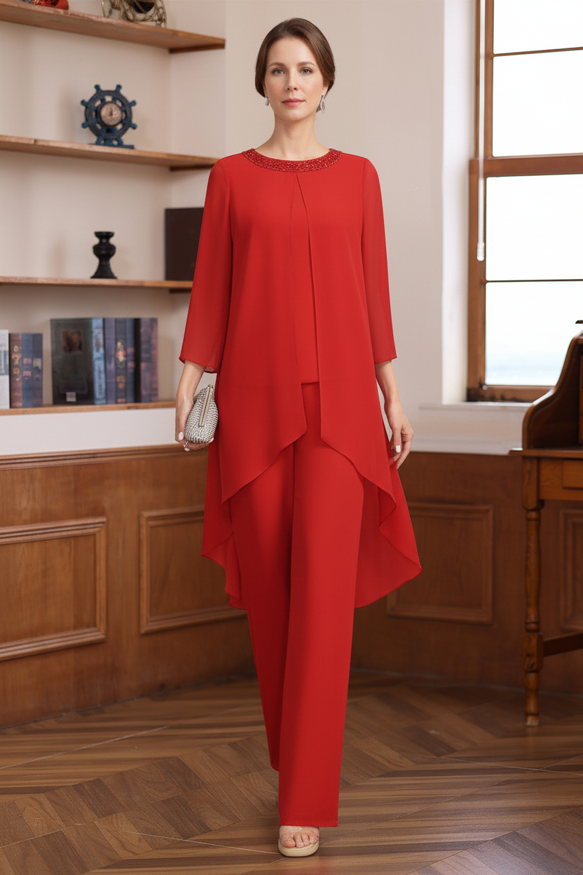 2 Pieces Scoop 3/4 Sleeves Floor-Length Mother of the Bride Pantsuits with Sequins & Beads