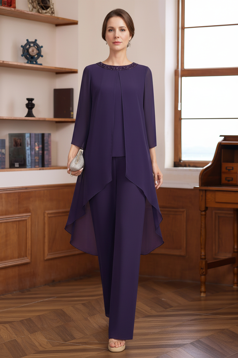 2 Pieces Scoop 3/4 Sleeves Floor-Length Mother of the Bride Pantsuits with Sequins & Beads
