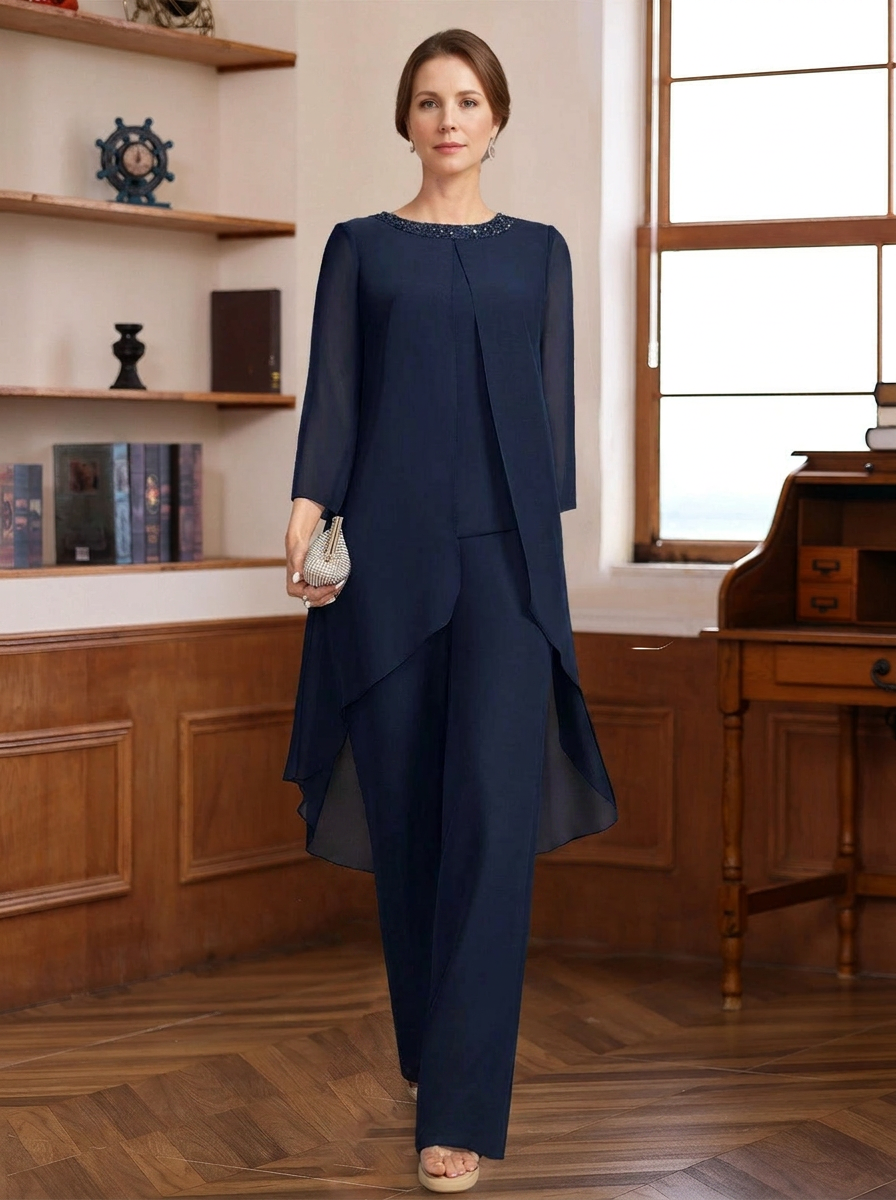 2 Pieces Scoop 3/4 Sleeves Floor-Length Mother of the Bride Pantsuits with Sequins & Beads