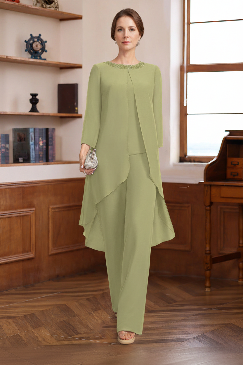 2 Pieces Scoop 3/4 Sleeves Floor-Length Mother of the Bride Pantsuits with Sequins & Beads