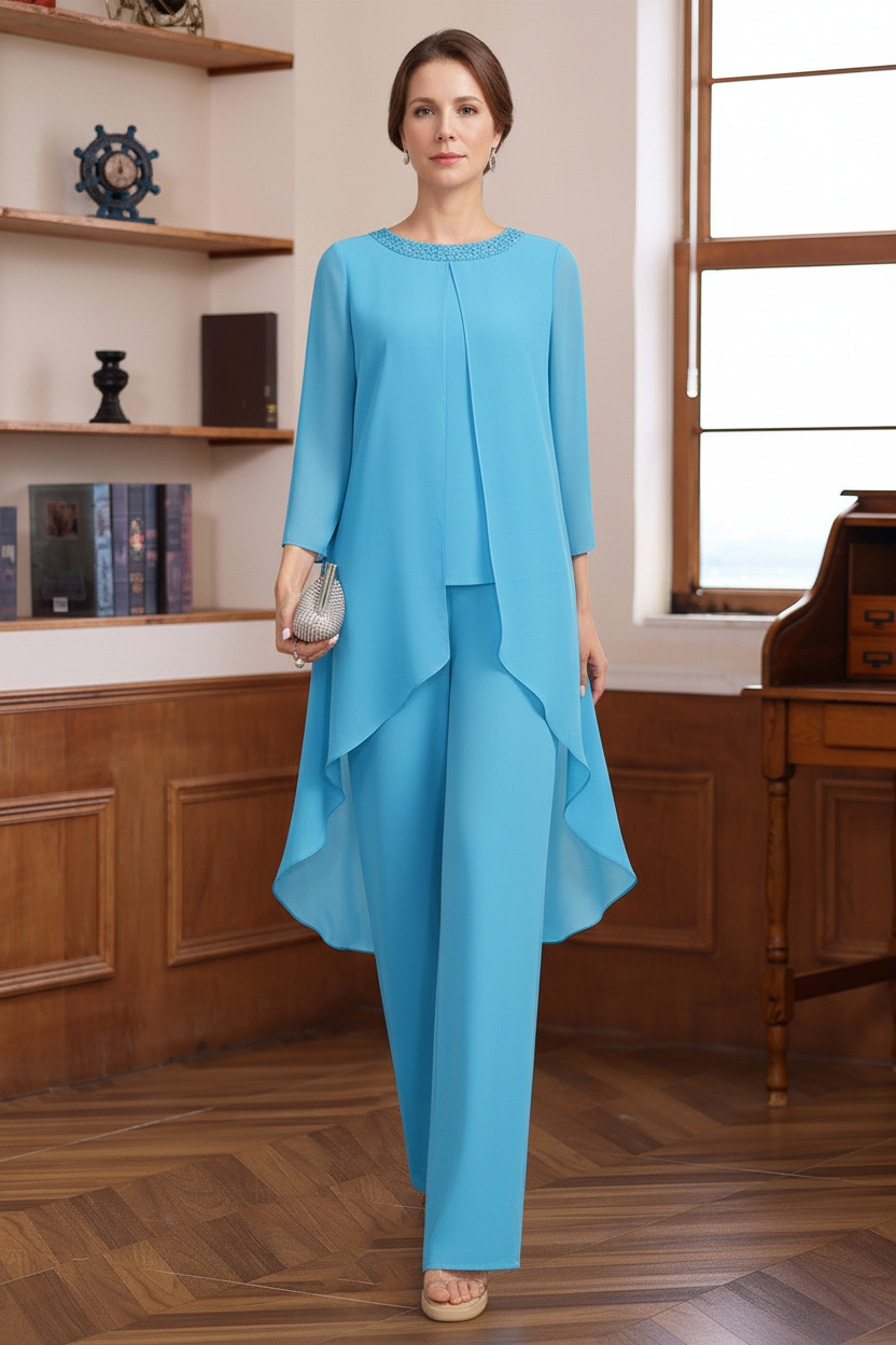 2 Pieces Scoop 3/4 Sleeves Floor-Length Mother of the Bride Pantsuits with Sequins & Beads
