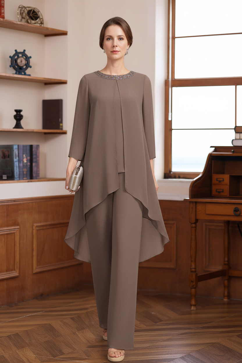 2 Pieces Scoop 3/4 Sleeves Floor-Length Mother of the Bride Pantsuits with Sequins & Beads