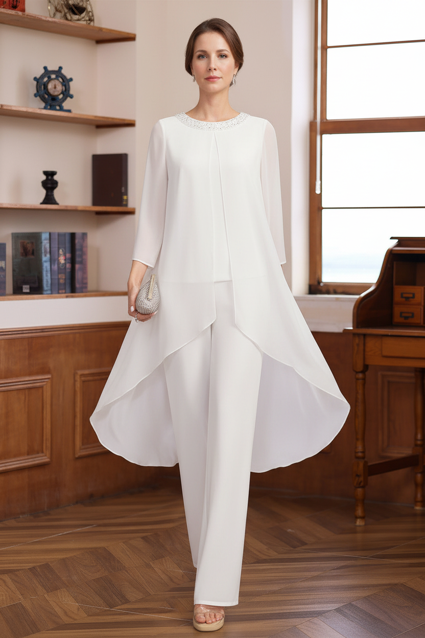 2 Pieces Scoop 3/4 Sleeves Floor-Length Mother of the Bride Pantsuits with Sequins & Beads