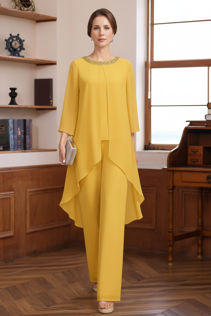 2 Pieces Scoop 3/4 Sleeves Floor-Length Mother of the Bride Pantsuits with Sequins & Beads