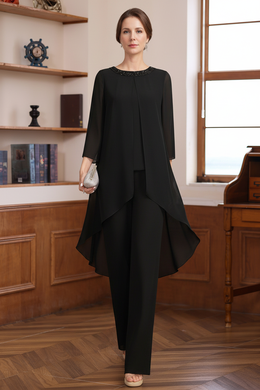 2 Pieces Scoop 3/4 Sleeves Floor-Length Mother of the Bride Pantsuits with Sequins & Beads