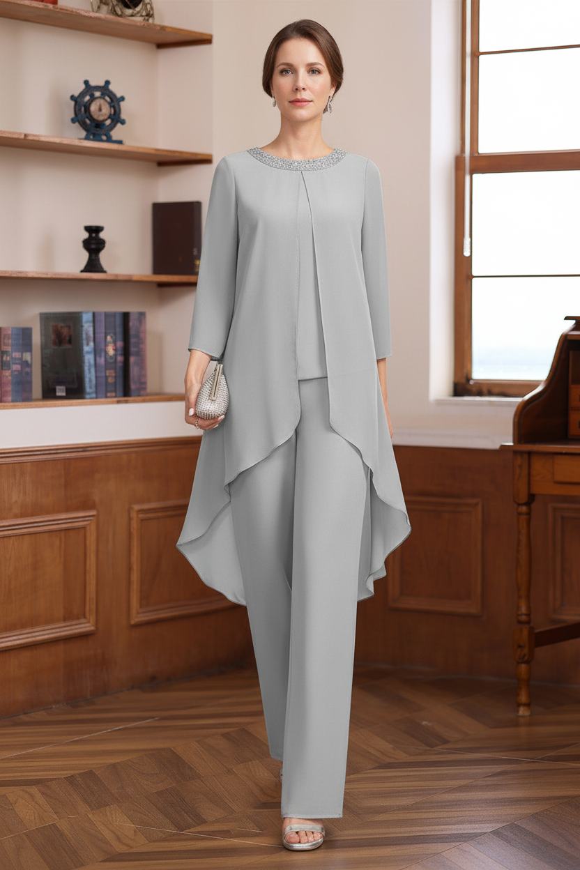 2 Pieces Scoop 3/4 Sleeves Floor-Length Mother of the Bride Pantsuits with Sequins & Beads