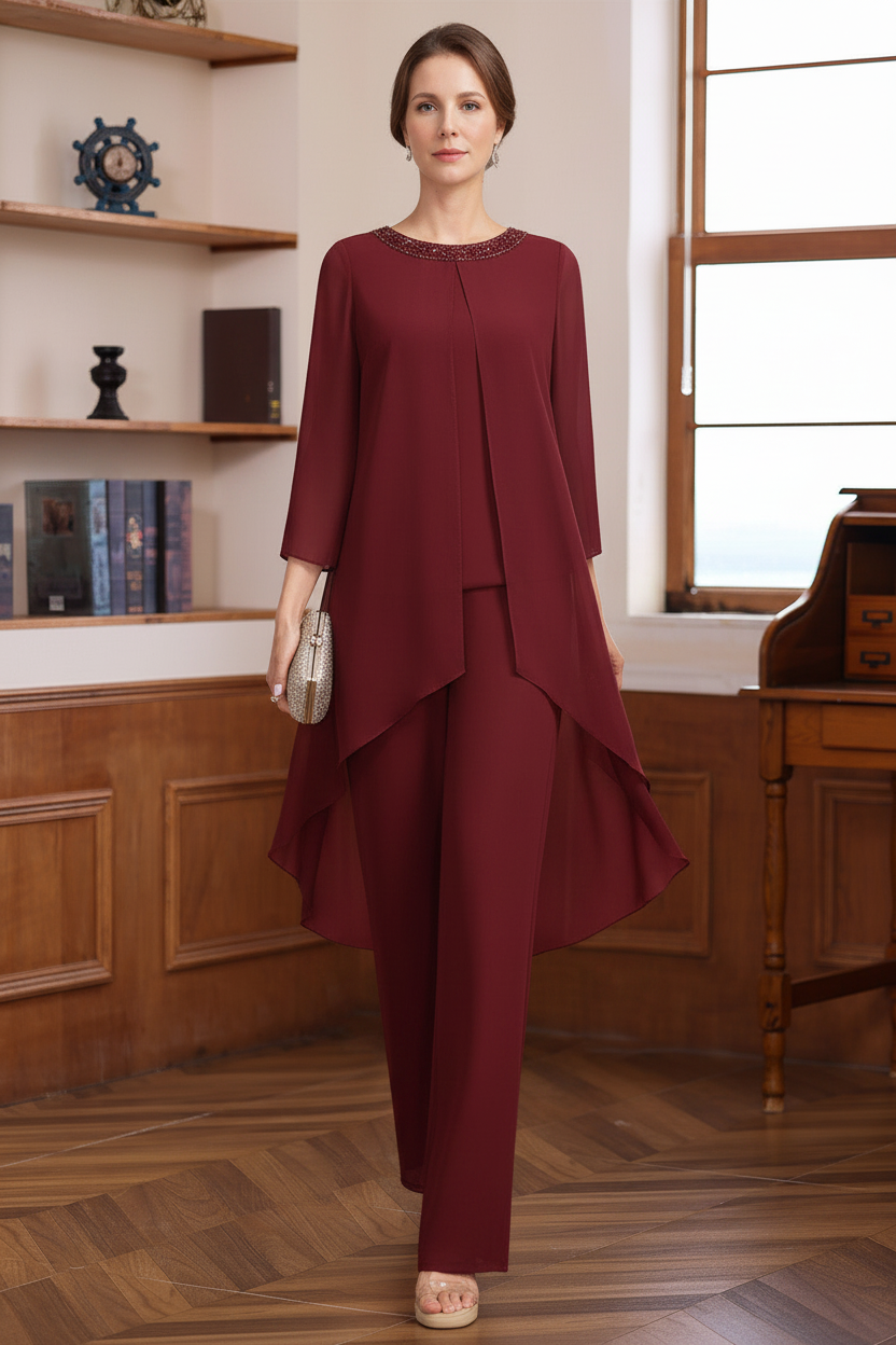 2 Pieces Scoop 3/4 Sleeves Floor-Length Mother of the Bride Pantsuits with Sequins & Beads