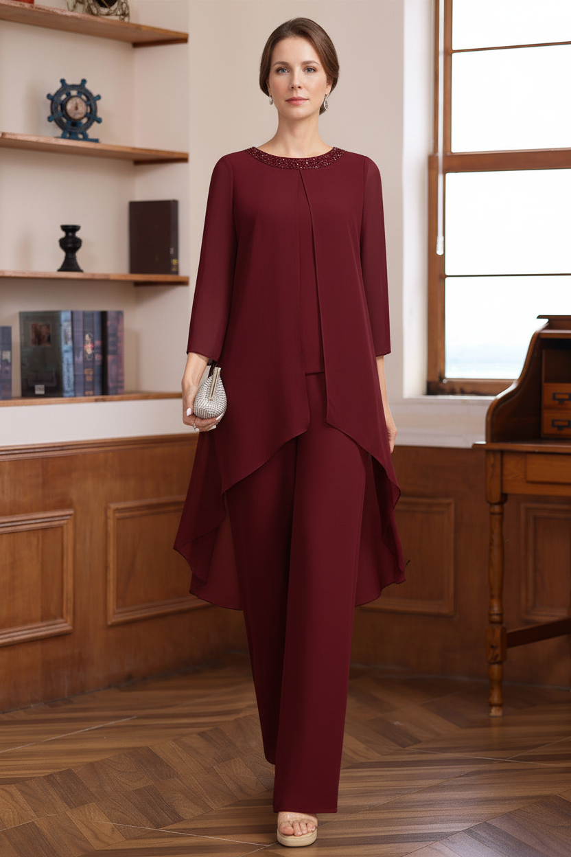 2 Pieces Scoop 3/4 Sleeves Floor-Length Mother of the Bride Pantsuits with Sequins & Beads