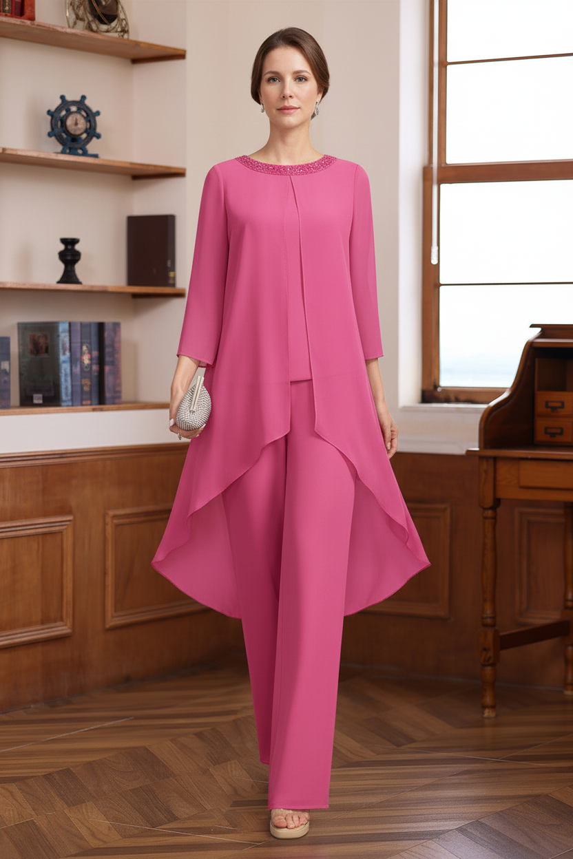 2 Pieces Scoop 3/4 Sleeves Floor-Length Mother of the Bride Pantsuits with Sequins & Beads