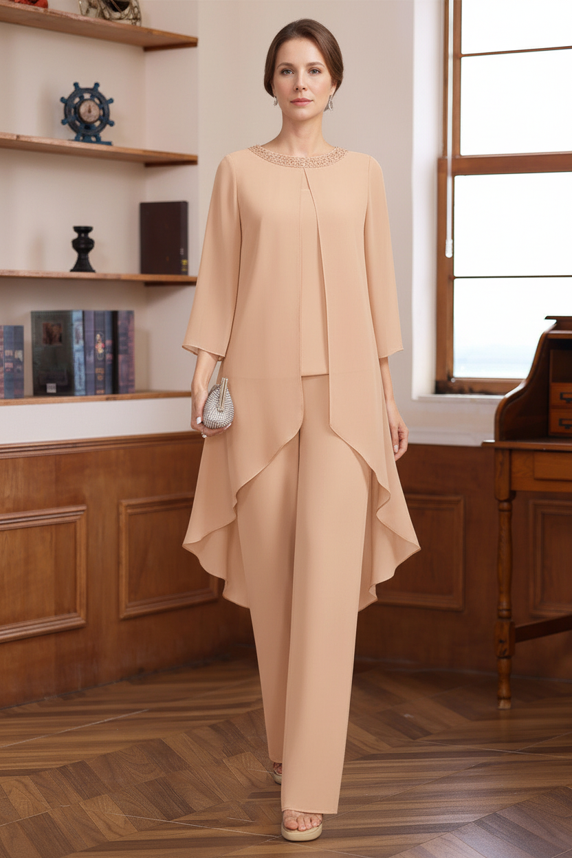 2 Pieces Scoop 3/4 Sleeves Floor-Length Mother of the Bride Pantsuits with Sequins & Beads