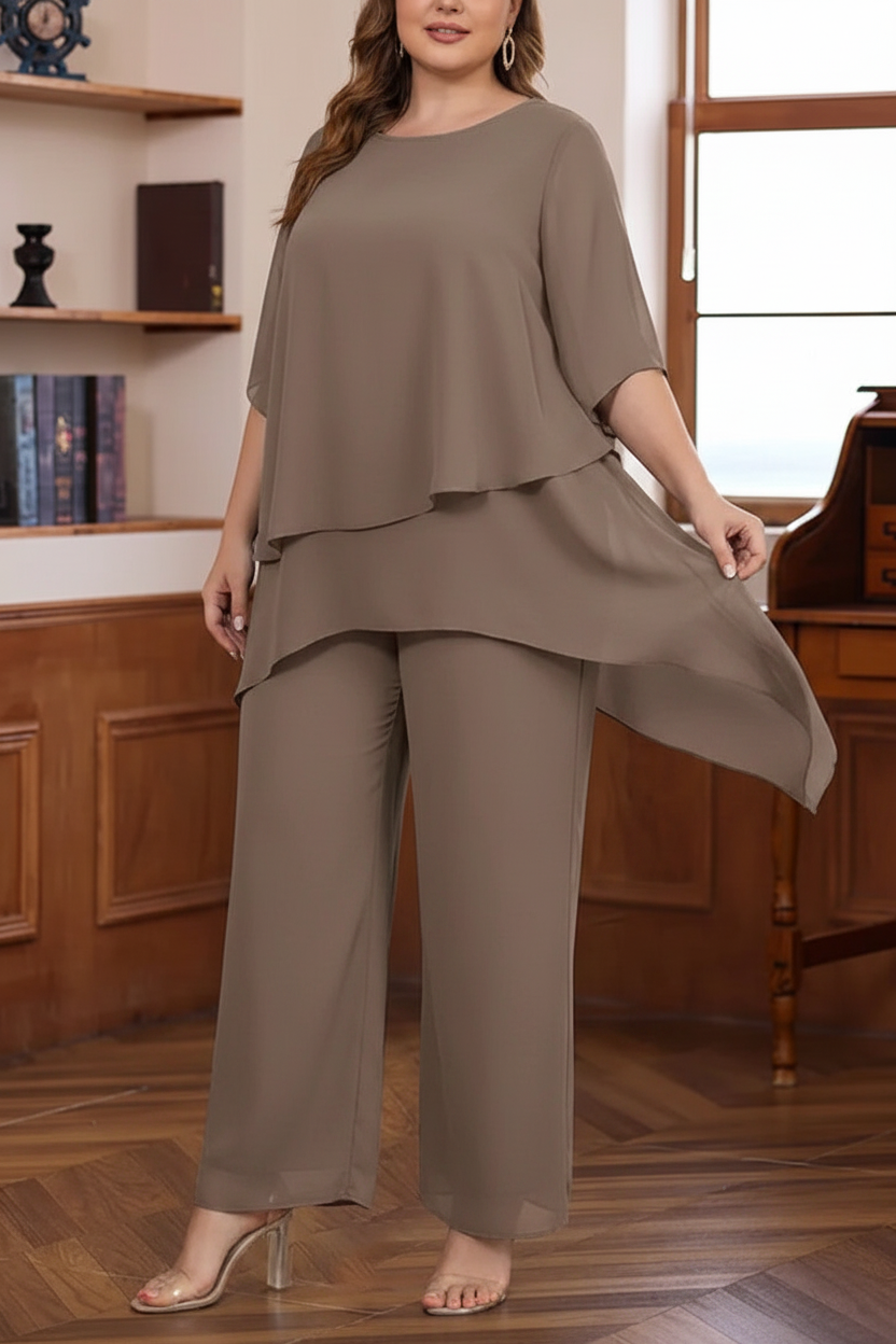 2 Pieces Scoop Chiffon Plus Size Mother of the Bride Pantsuits Ankle-Length Half Sleeves