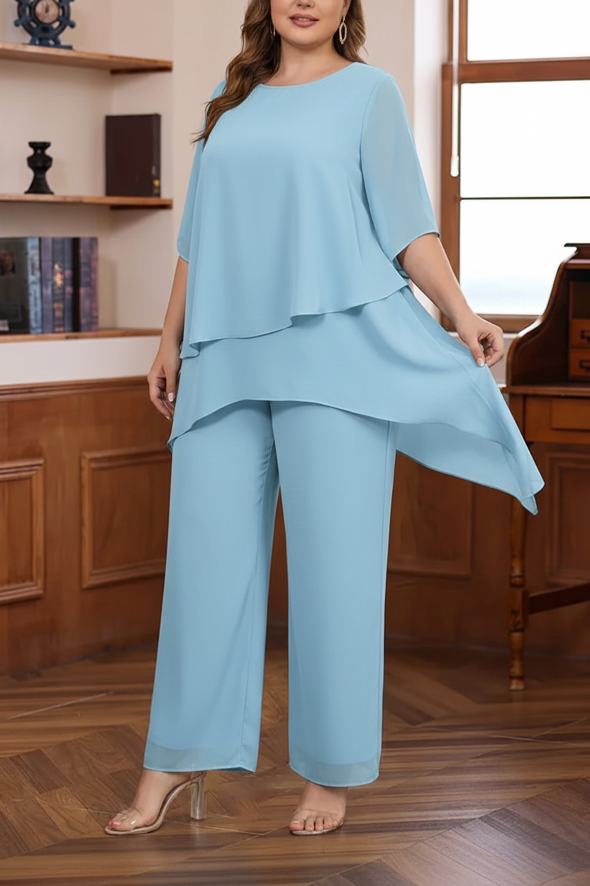 2 Pieces Scoop Chiffon Plus Size Mother of the Bride Pantsuits Ankle-Length Half Sleeves