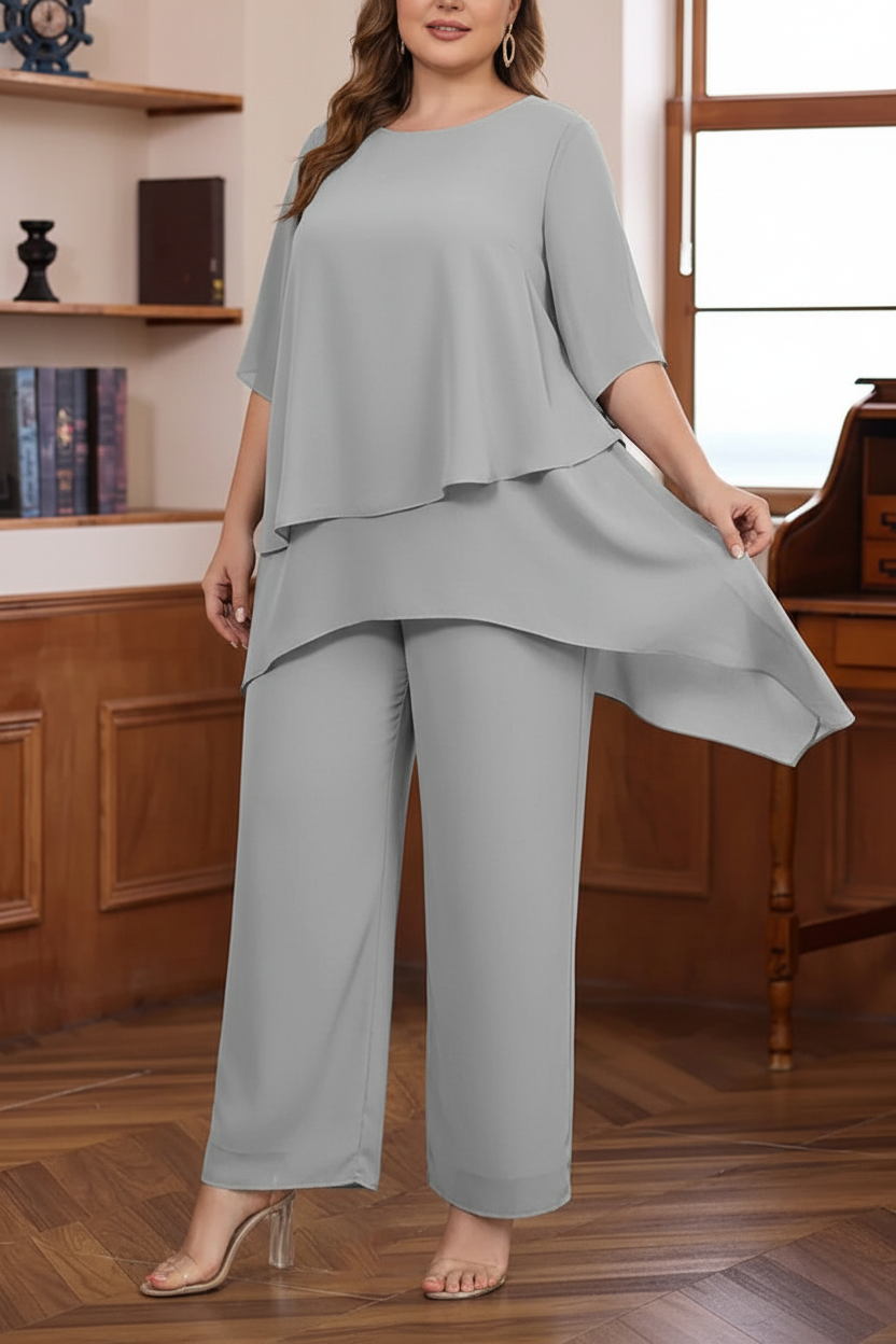 2 Pieces Scoop Chiffon Plus Size Mother of the Bride Pantsuits Ankle-Length Half Sleeves