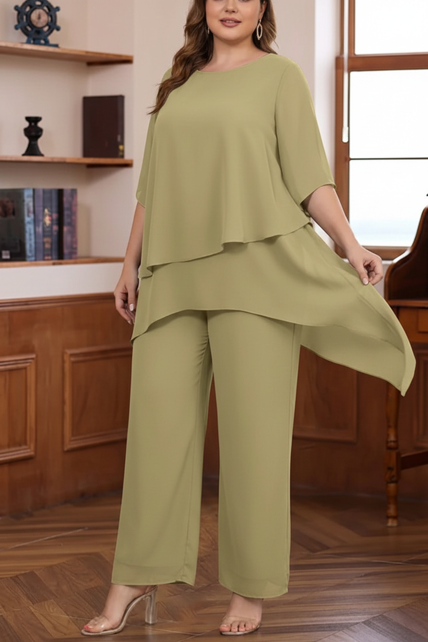2 Pieces Scoop Chiffon Plus Size Mother of the Bride Pantsuits Ankle-Length Half Sleeves