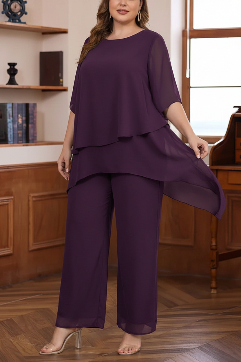 2 Pieces Scoop Chiffon Plus Size Mother of the Bride Pantsuits Ankle-Length Half Sleeves