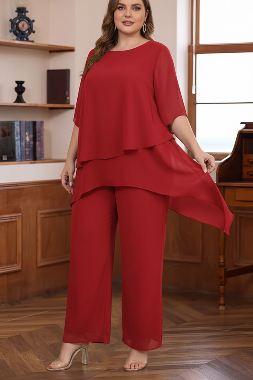 2 Pieces Scoop Chiffon Plus Size Mother of the Bride Pantsuits Ankle-Length Half Sleeves