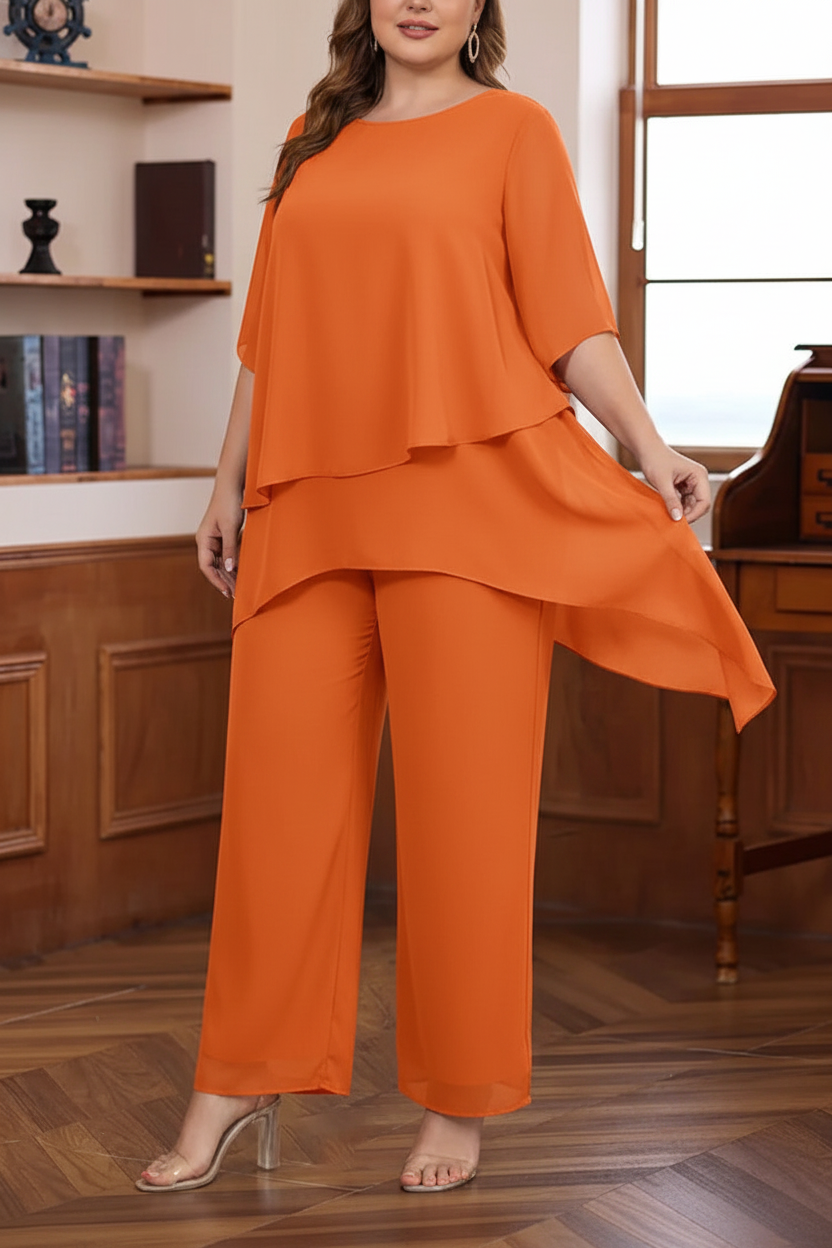 2 Pieces Scoop Chiffon Plus Size Mother of the Bride Pantsuits Ankle-Length Half Sleeves