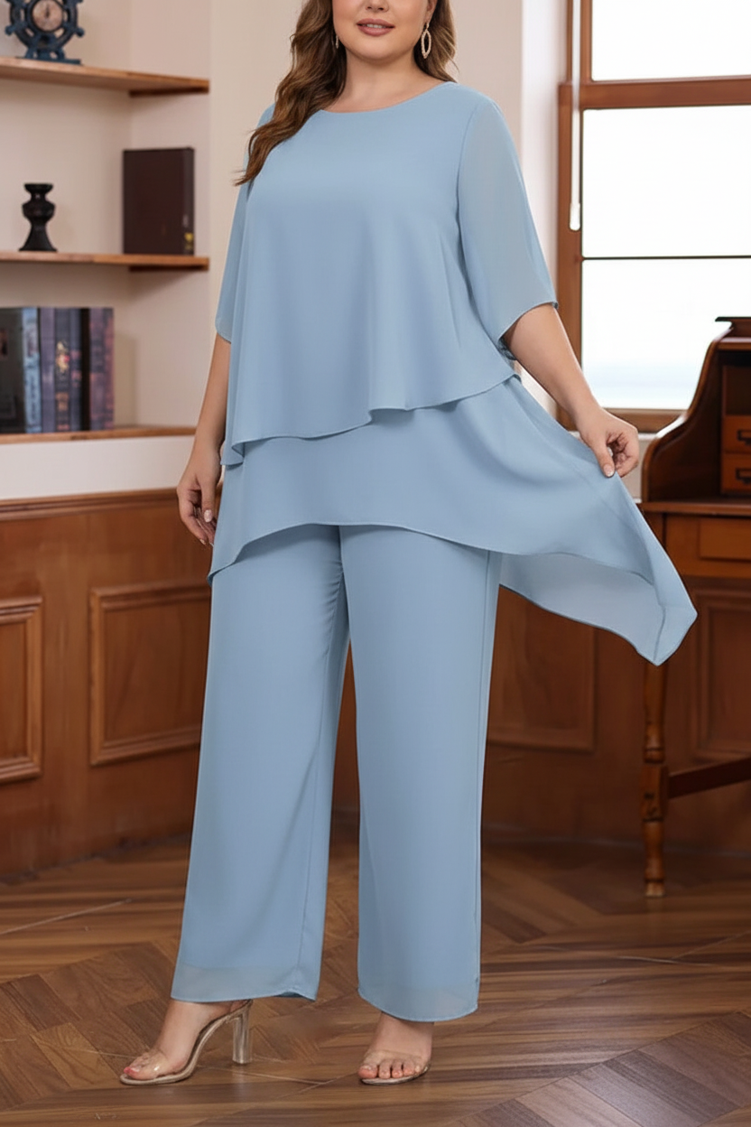 2 Pieces Scoop Chiffon Plus Size Mother of the Bride Pantsuits Ankle-Length Half Sleeves
