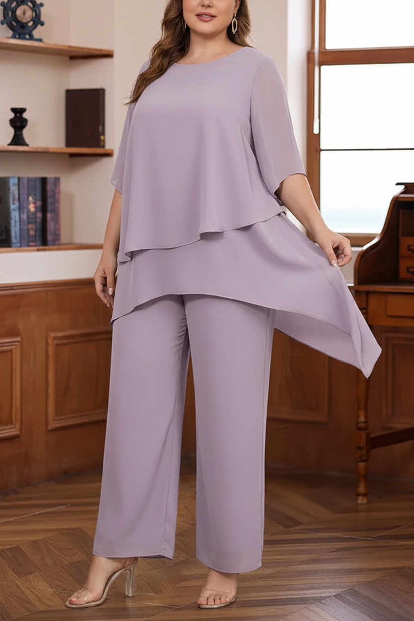 2 Pieces Scoop Chiffon Plus Size Mother of the Bride Pantsuits Ankle-Length Half Sleeves