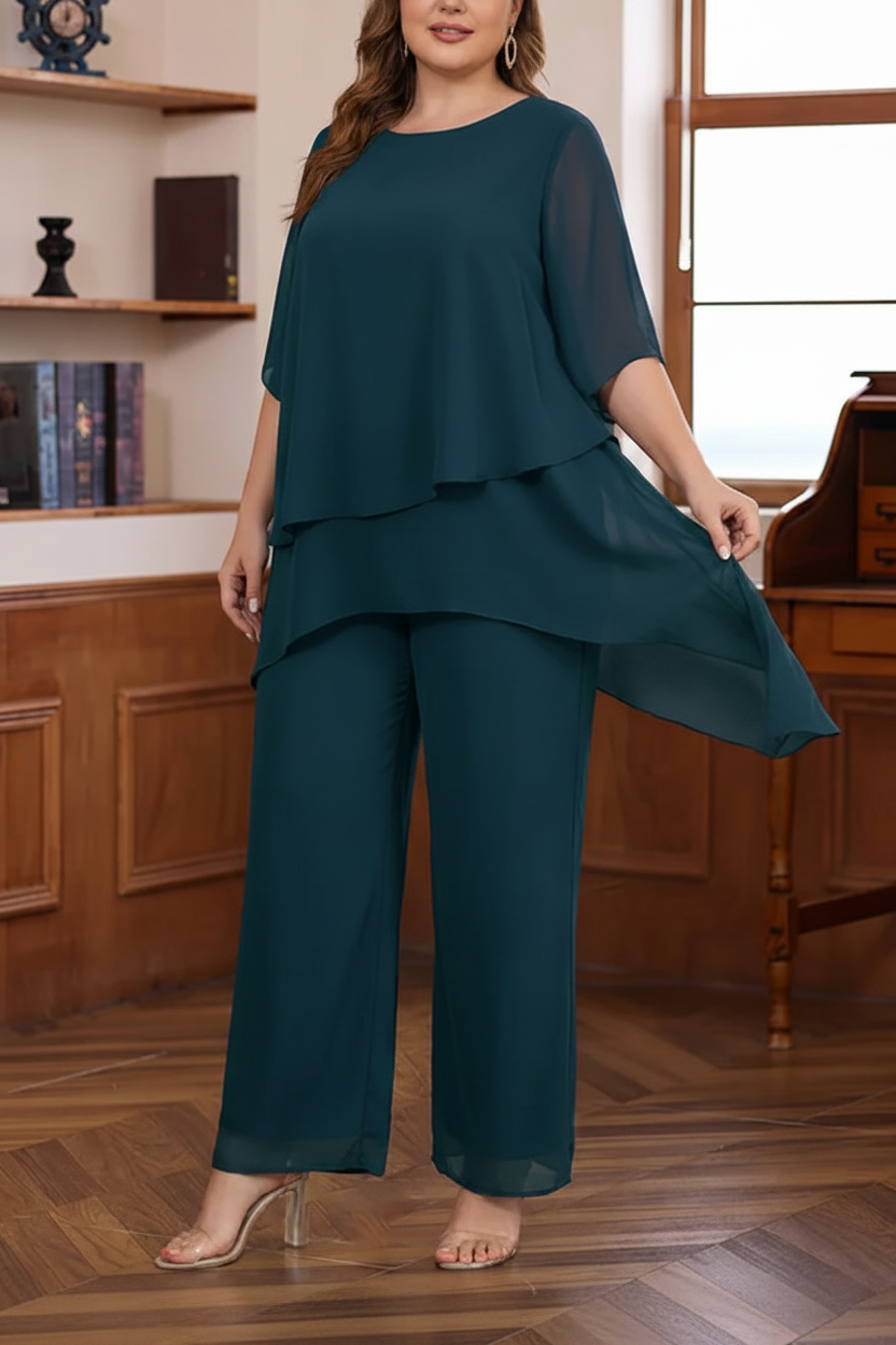 2 Pieces Scoop Chiffon Plus Size Mother of the Bride Pantsuits Ankle-Length Half Sleeves