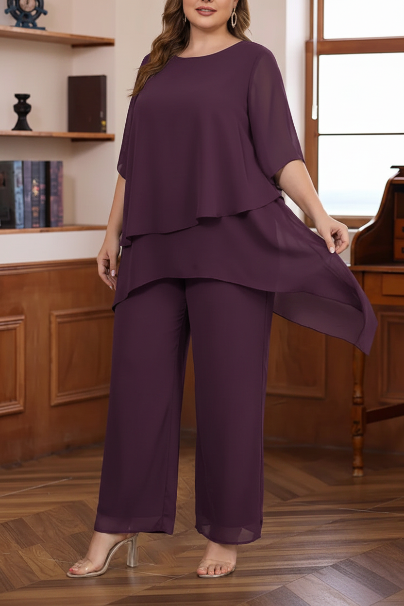 2 Pieces Scoop Chiffon Plus Size Mother of the Bride Pantsuits Ankle-Length Half Sleeves