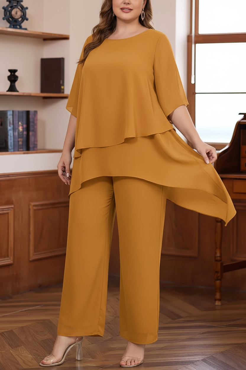 2 Pieces Scoop Chiffon Plus Size Mother of the Bride Pantsuits Ankle-Length Half Sleeves